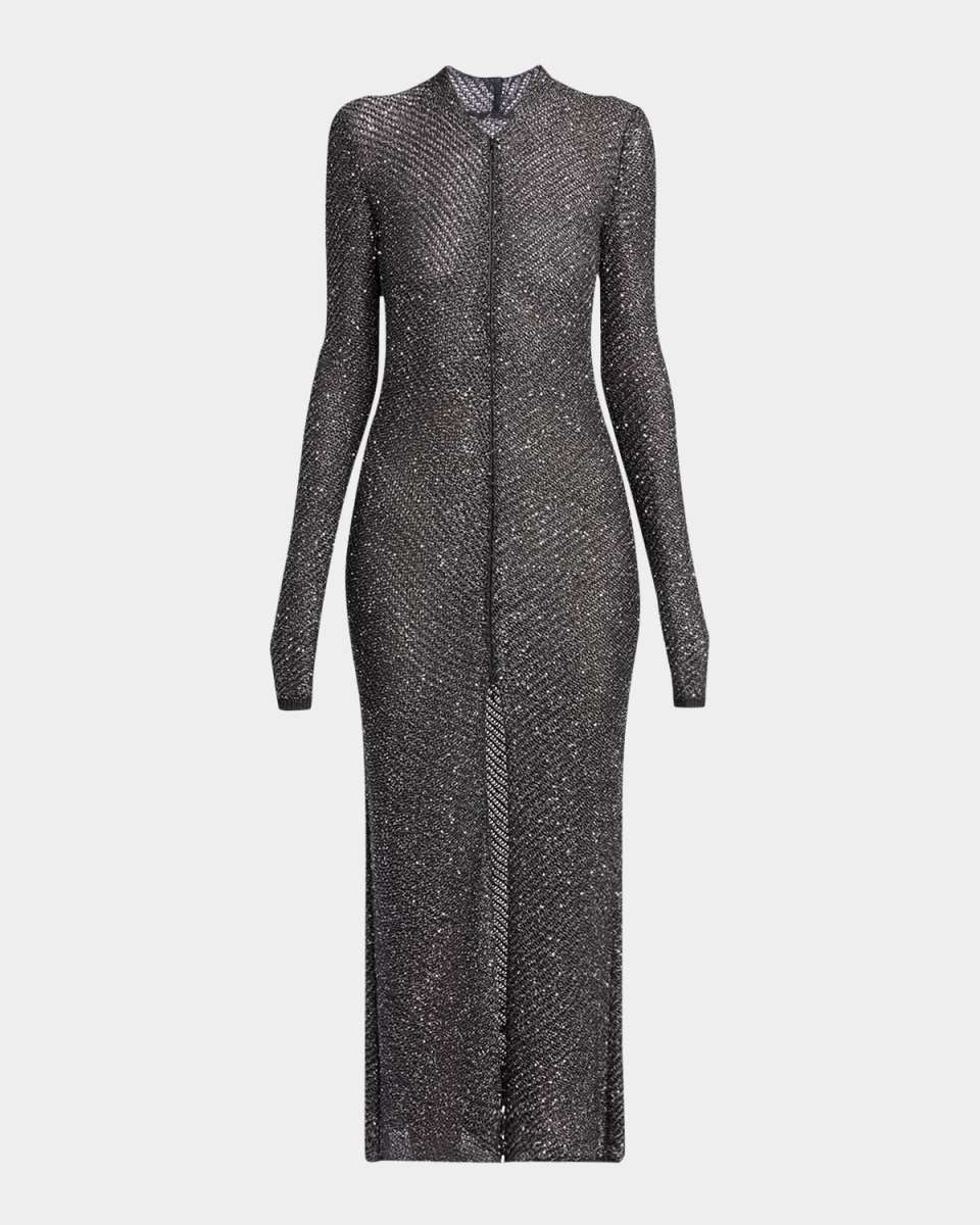 Front-Slit Sequin Metallic Knit Sweater